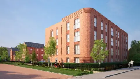 An artist's impression of a four-storey block of apartments. Three people are in the foreground, next to a strip of grass, with other homes in the distance