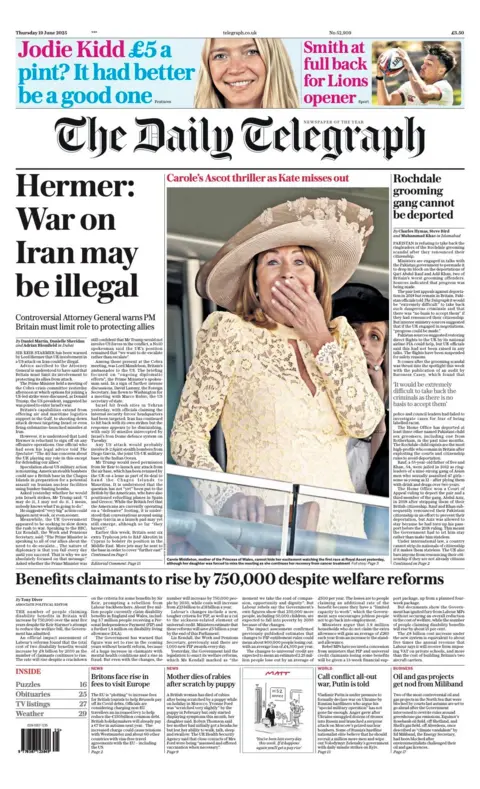 The headline on the front page of the Daily Telegraph reads: "Hermer: War on Iran may be illegal".