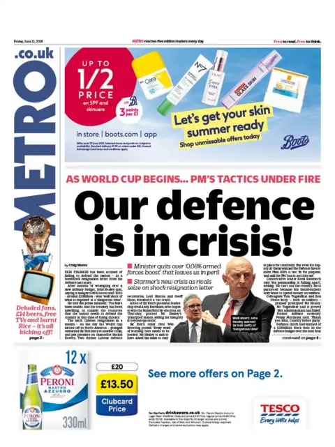 The headline on the front page of the Metro reads: "Our defence is in crisis!"