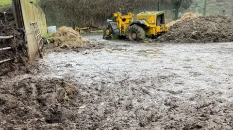 Trading Standards/Environment Agency The image shows a large amount of animal slurry in a farmyard with piles of straw or hay and wat appears to be more slurry along with the remains of a wrecked heavy machinery coloured yellow. There is a wooden fence to the left and a metal fence which is apparently holding back a pile of animal waste.