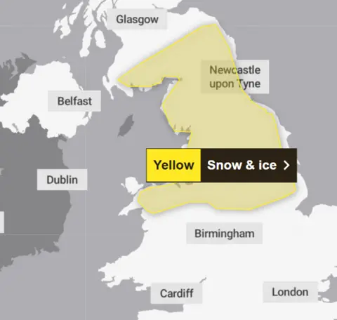 The Met Office A map which has a yellow highlighted section covering all of the north of England - from north of Birmingham to the Scottish border. The map is labelled 'Yellow, Snow & ice". 