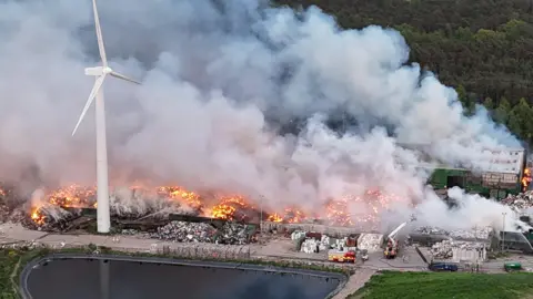 PA Media A drone shot of a fire at Ladybank Wastere Centre in Fife earlier this year.