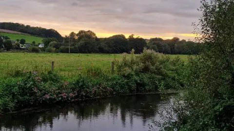 Dorset National Landscape View across the River Frome and the fields and woods beyond at sunset