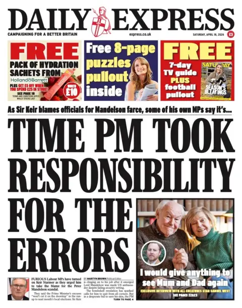 The headline on the front page of the Daily Express reads: "Time PM took responsibility for the errors."