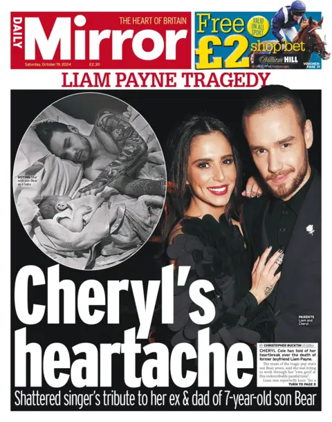 The Daily Mirror's headline reads: "Cheryl's heartache"