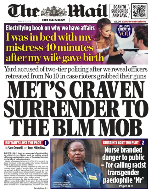 The front page shows a picture of a woman seducing a man, with the headline: I was in bed with my mistress 40 minutes after my wife gave birth. Below is a headline that reads: Met's craven surrender to BLM mob and a separate headline reads: Nurse brands danger to public - for calling racist transgender paedophile 'Mr'