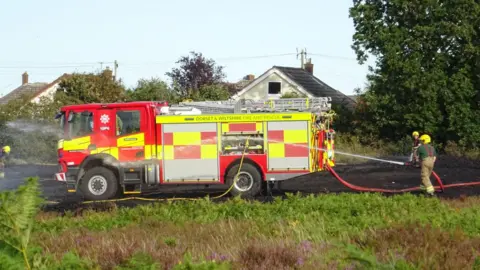 A fire engine and some firefighters hosing down a burnt green area.