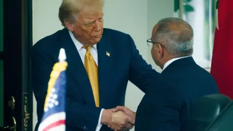 EPA US President Donald Trump (L), Bahrainian Prime Minister and the crown Prince Shahik Salman Bin Hamad Al-Khalifa greeted a hand outside the White House. Trump's hand gives a makeup makeup in a shade inappropriate for skin