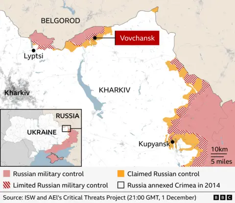 Map showing Russian military control in parts of Ukraine near Belgorod on 1 December. Areas under Russian control are shaded red, limited control is marked with red stripes, and claimed control is shown in yellow. Key locations labelled include Belgorod, Vovchansk, Lyptsi, Kharkiv, and Kupyansk. Source: ISW.