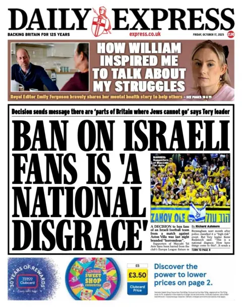 The headline on the front page of the Express reads: "Ban on Israeli is 'a national disgrace'".