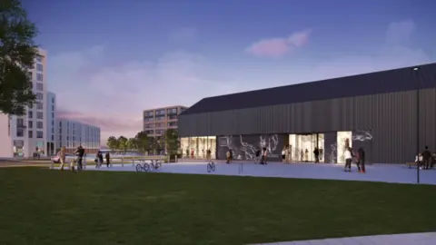 An artist's impression of the future Art Works development in Granton, showing a render of a building with a sloping roof, brown frontage and bright lights on inside and people walking near a patch of grass.