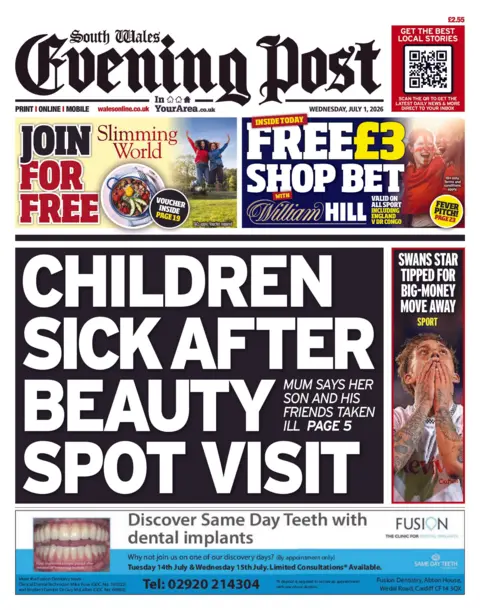 South Wales Evening Post South Wales Evening Post front page. The main headline reads: Children sick after beauty spot visit. 