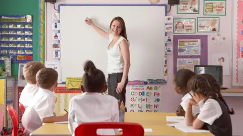 A brightly decorated primary school classroom during a lesson. At the front, a smiling female teacher stands beside a whiteboard holding a marker and appears to be preparing to write on the board. Five children are seated around a rectangular table watching her. The children are wearing school uniforms - mostly white shirts.