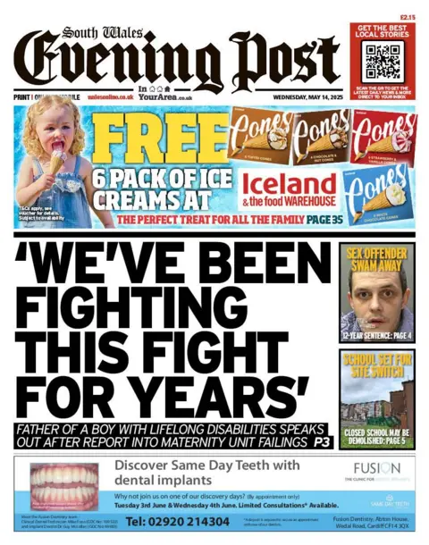 South Wales Evening Post South Wales Evening Post newspaper front page shows main headline: 'We've been fighting this fight for years'; Father of a boy lifelong disabilities speaks out after report into maternity unit failings. Other headlines on the front page are: Sex offender swam away, School set for site switch. There is an advert above the main headline for Free 6 pack of ice creams at Iceland