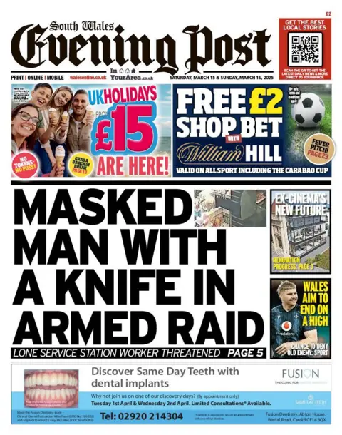 South Wales Evening Post Front page of the South Wales Evening Post has a CCTV image of a shop counter and  headline saying Masked man with a knife in armed raid