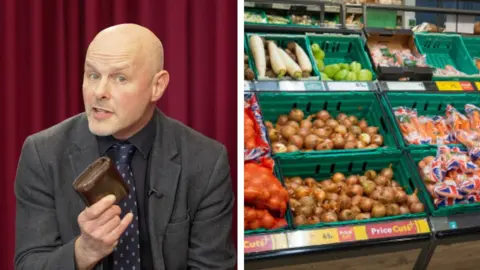 A composite image of Theo Leggett holding up his wallet, next to a vegetable aisle in a supermarket