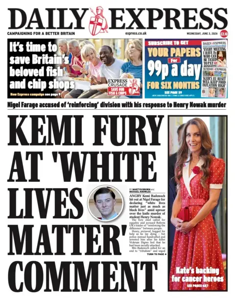 The headline on the front page of the Daily Express reads: “Kemi fury at 'white lives matter comment'”.