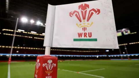 Getty Images Flag with Welsh Rugby Union logo at Principality Stadium