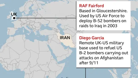 The image is a labelled map showing parts of Europe, Africa, and the Middle East, highlighting connections between the UK, Iran, and military bases used by the United States.