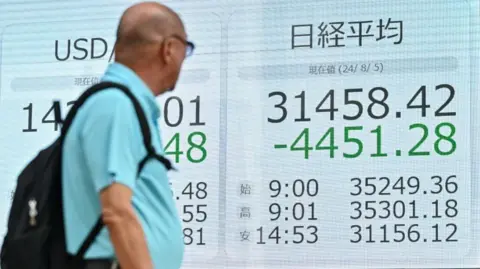 Getty Images Person walking past Japanese stock market board.