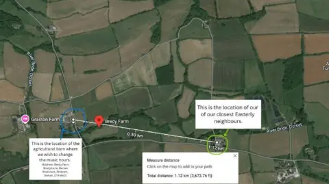 A Google Maps image. Graston Farm is to the west of Bredy Farm by less than half a kilometre. The closest easterly neighbour is circled and said to be 1.12 km away.