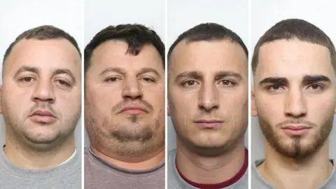 Thames Valley Police Mugshots of four men. All are wearing grey tops and have short brown hair. The first two men have stubble and the fourth man has a beard.