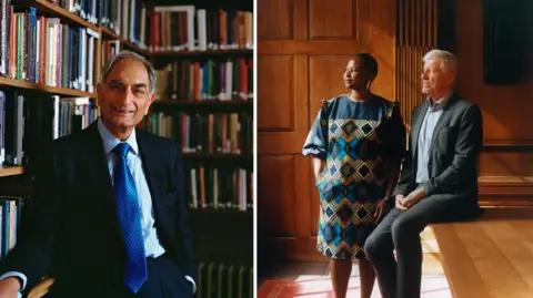 Leia Morrison/Francis Augusto Rajesh Thakker in Somerville College Library, and Dr Anne Makena and Professor Kevin Marsh in the Clarendon Building. 