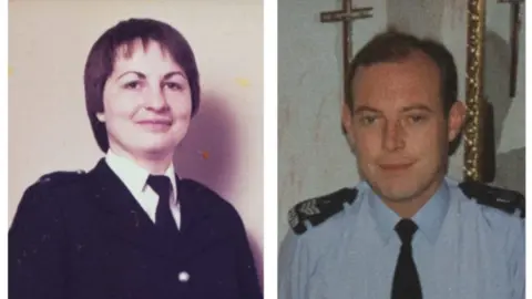 Thames Valley Police two photos side by side of a young woman police officer and a young male officer, both in uniform in pictures taken in the early 1980s
