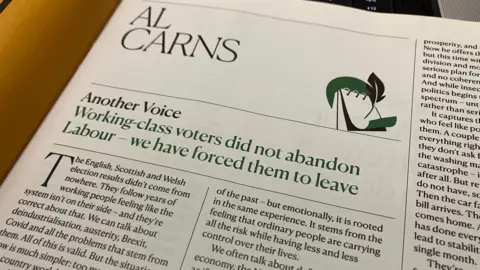 Close-up image of an open magazine page with the name “AL CARNS” at the top. Below it, a headline reads, “Another Voice: Working-class voters did not abandon Labour – we have forced them to leave.”