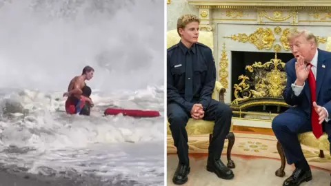Split screen. Left, lifeguard rescuing kid from surf. Right, lifeguard and Trump are seen.