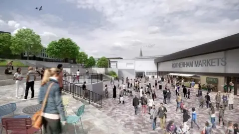 A CGI impression showing lots of people milling about a market complex. 'Rotherham Markets' is emblazoned in writing on the building.