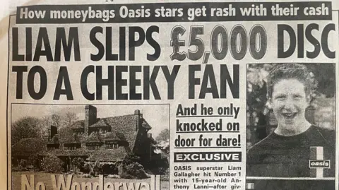 Anthony Lanni  A black and white copy of the News of The World from 1 June 1997, with the headline Liam Slips £5,000 disc to a cheeky fan