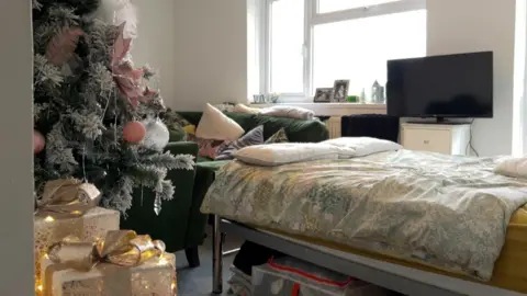 A view from the doorway into Ms Barley's combined bedroom and living room. On the left a double bed is visible as well as s television, while a green velvet sofa and christmas tree and festive ornaments are to the right of the photo