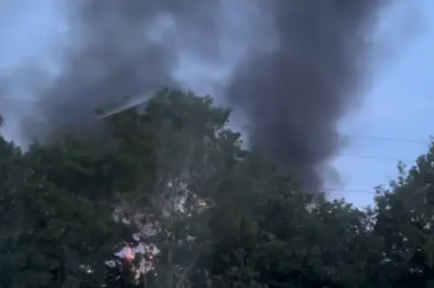 Rachel Hodge Flames and black smoke risk from behind silhouetted trees