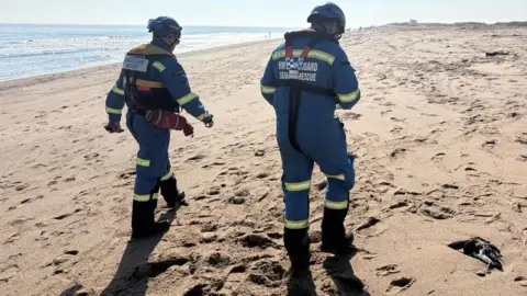 Pejabat Kevin Shoesmith/BBC Coastguard mengenakan seragam biru dan helm melewati burung mati di pasir keemasan pantai Skegness, dengan laut biru di latar belakang. 