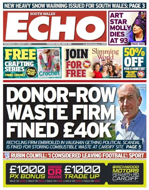 South Wales Echo South Wales Echo newspaper front page: Donor-row waste firm fined £40k; Recycling firm embrolled in vaughan gething political scandal is fined for storing combustable waste at Cardiff site. 