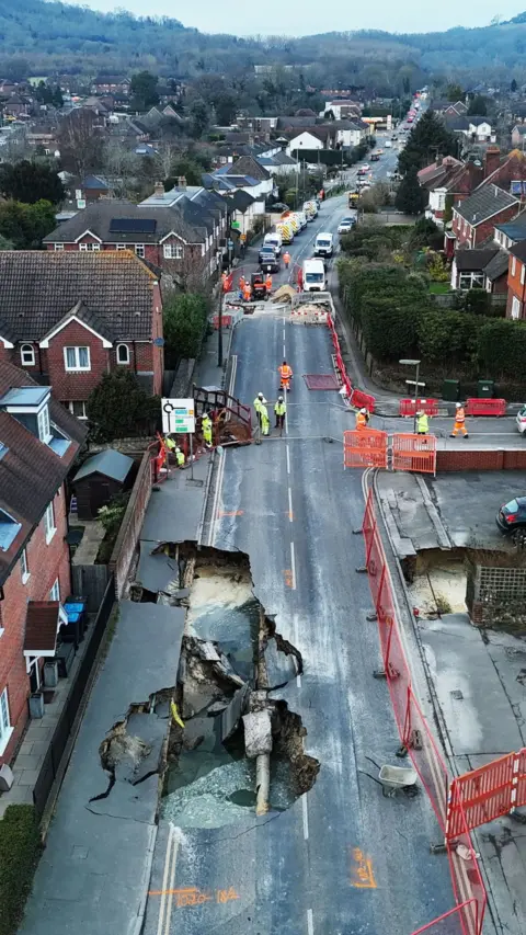 A sinkhole in a road in Godstone