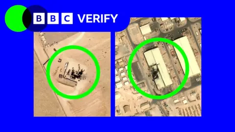 Satellite images of damaged military sites circled with a green ring, on top of a blue background.