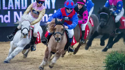 Getty Images Harriet in a blue and red costume rides Slades Dewberry, a light brown Shetland pony alongside other riders who are also riding Shetland ponies.