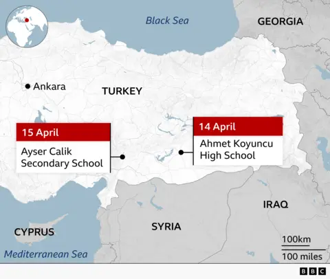 A map of Turkey showing the locations of the two school shootings:
14 April: Ahmet Koyuncu High School (in southeastern Turkey)
15 April: Ayser Calik Secondary School (in southern Turkey)
It also marks major geographic references like Ankara, the Black Sea, and neighbouring countries including Syria, Iraq, and Georgia.