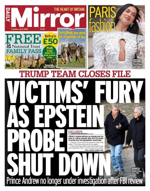 "Victims' fury as Epstein probe shut down," is the headline on the front page of the Daily Mirror.