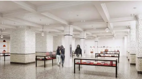 David Chipperfield Architects A tiled room with pillars. There are glass cabinets with items for shoppers to buy.