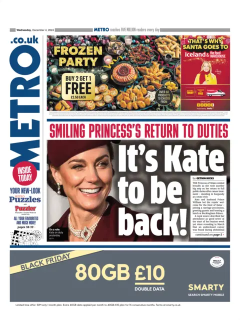 Metro front page with headline "It's Kate to be back". A picture of the smiling Princess of Wales is also on the front cover.