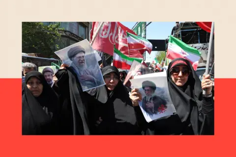 AFP via Getty Images People hold portraits of Iran's supreme leader Ayatollah Ali Khamenei during a rally to commemorate his death in Tehran
