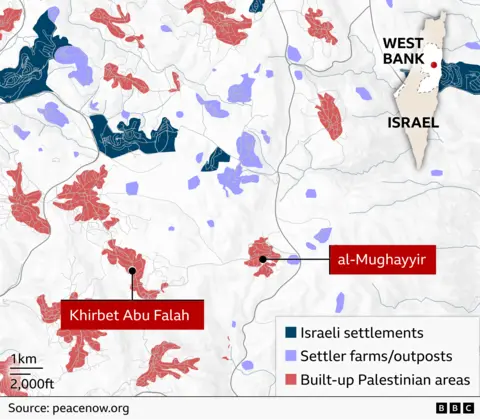 A regional map of the central occupied West Bank showing the villages of Khirbet Abu Falah and al‑Mughayyir. Palestinian built‑up areas appear in red, Israeli settlements in dark blue, and Israeli settler farms/outposts in light purple. Roads and terrain are lightly shaded, and a small inset map shows the West Bank’s location relative to Israel. A scale bar indicates distances of 1 km and 2,000 ft. The source is Peace Now, with BBC attribution.