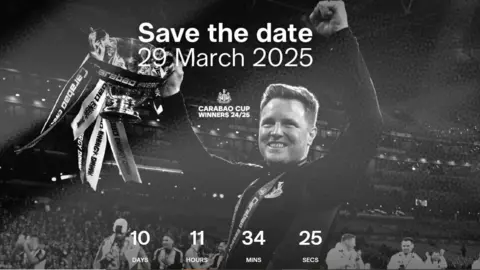 Newcastle United A black and white picture of Eddie Howe holding the League Cup at Wembley with the words 'Save the date 29 March'