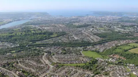 An aerial view of Plymouth looking south towards the English Channel