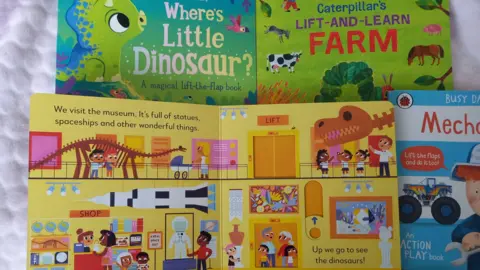 Northumberland County Council Colourful children's books are laid out on the floor, there's two green ones called Where's Little Dinosaur, and The Very Hungry Caterpillar's Lift and Learn Farm. Meanwhile another yellow storybook is opened showing children visiting a museum with rockets, astronaut suits, dinosaur skeletons and fine art on display. 