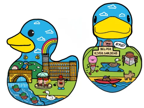 An artist's impression of a large duck statue, from a side and front view. This one includes bright cartoons of a bridge and mill in Belper, a river, a rainbow, a duck, a swan, a kingfisher and a dog. 