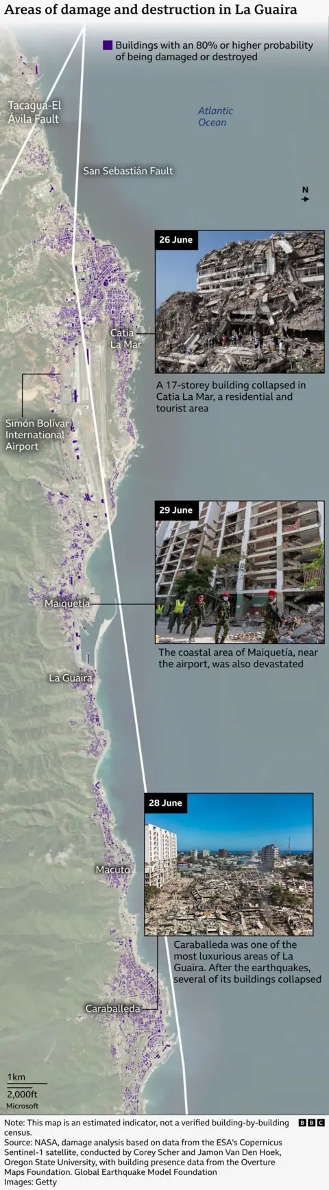 Long satellite image of the coast of La Gauira in Venezuela showing buildings that are believed to have been damaged or destroyed in the earthquakes. Images taken days after the quake show the extent of the destruction along the coast in Catlia La Mar, Maiquetia and Caraballeda